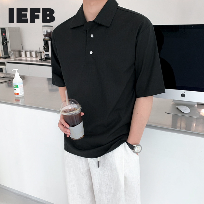 IEFB Korean Lapel Polo Shirt Loose Fitting Summer Linen Short Sleeve Men's Clothing Trend Pullover Tee Tops Black White 9Y7686 210524