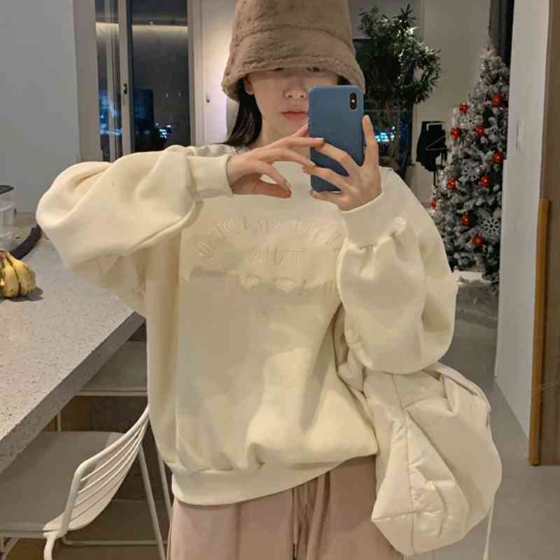 Nomikuma Korean Letters Embroidery Pullover Sweatshirt Causal Long Sleeve O-neck Hoodies New Fleece Women Jumper 6D820 210427