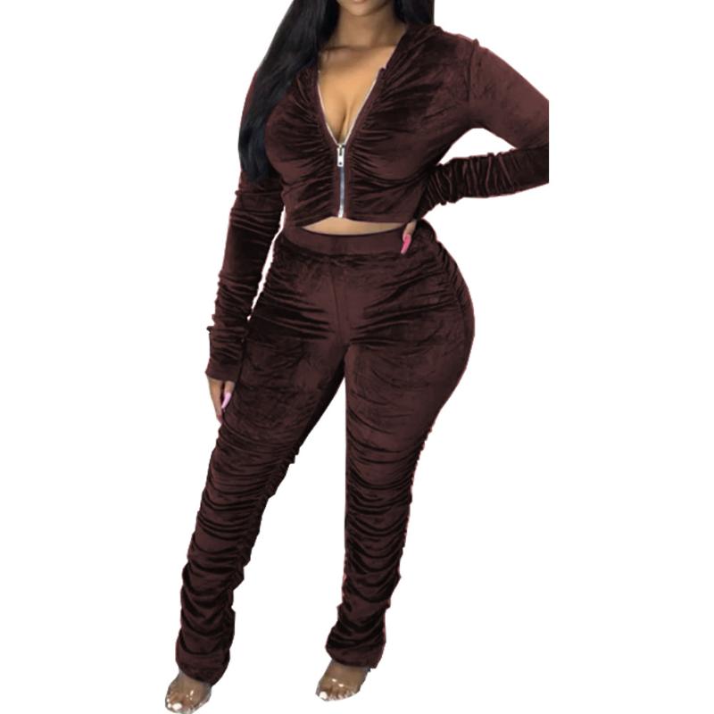 Women's Tracksuits 2021 Autumn Velvet Stacked Set Zipper Hoodies Ruched Pants Sport Tracksuit Two Piece Outfit Active Sweatsuit