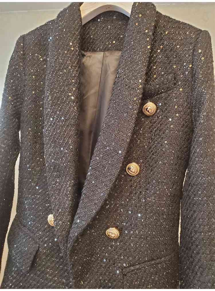 High-quality Double Breasted Woven Tweed Women Blazer Notched Collar Jacket Spring Autumn Elegant Ladies Coat 210506