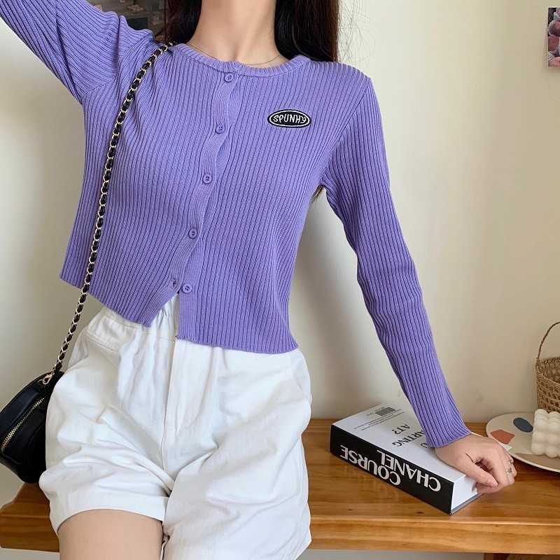 Yedinas Summer Autumn Korean Style O-neck Short Knitted Sweaters Women Thin Cardigan Fashion Sexy Long Sleeve Button Up Crop Top 210527