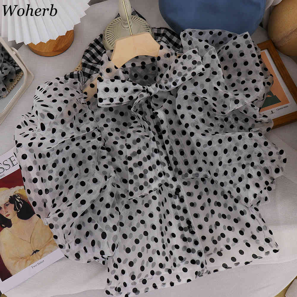 Polka Dot Shirt Women Summer Korean Blusas Mujer Loose Chic Chiffon Blouse O Neck Bow Single Breasted See Through Tops 210519