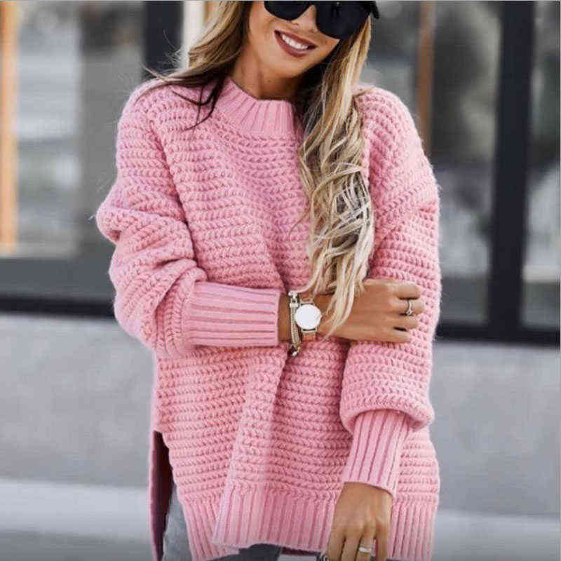 Autumn Winter Women Knitted Sweater Mock Neck Casual Loose Basic Pullovers Warm Elegant Solid Batwing Sleeve Side Split Tops 211123wtt
