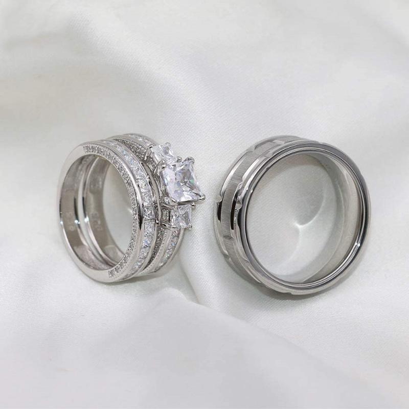 Wedding Rings Couple Women's Classic Square Zircon Engagement Ring Set & Men's 8MM Stainless Steel Silver Color Groove Cut
