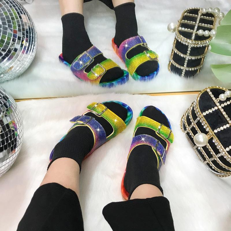Sandals Summer Slippers Ladies Rhinestone Women Fashion Square Buckle Beach Shoes