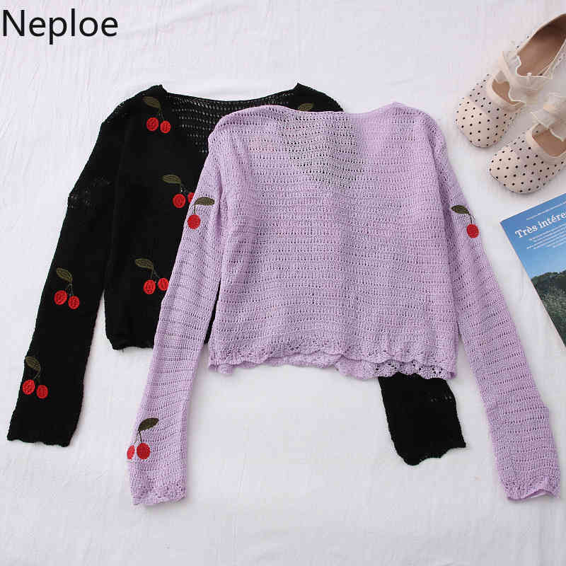 Neploe Cropped Cardigan Sweet Knitted Sweaters Embroidery Cherry Thin Coat Hollow Out Sun Protection Coat Tops Female 95087 210422