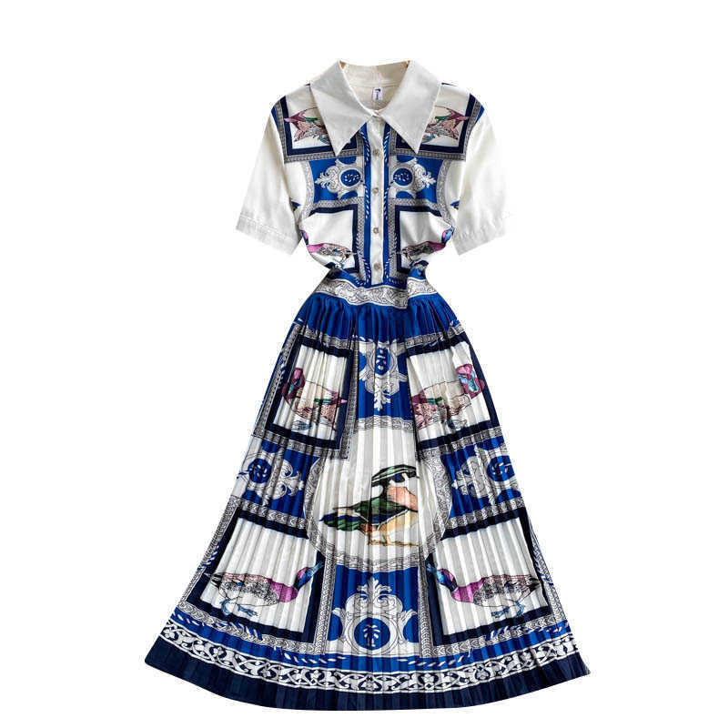 Women's Fashion Short-sleeved Printing Pleated A-line Dress Vintage Elegant Clothes Vestidos De Mujer S768 210527