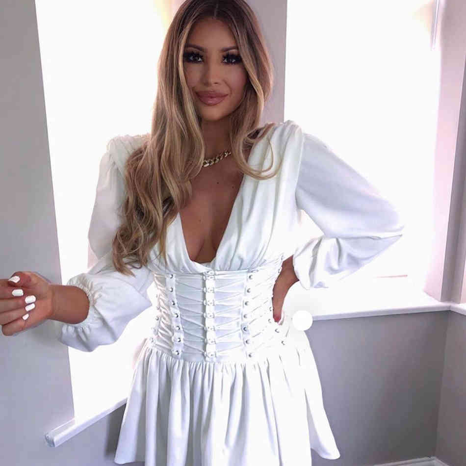 Winter Fashion Women Club Party Dress Sexy V Neck White Black Long Sleeve Casual Mini Celebrity Runway Lady 210423