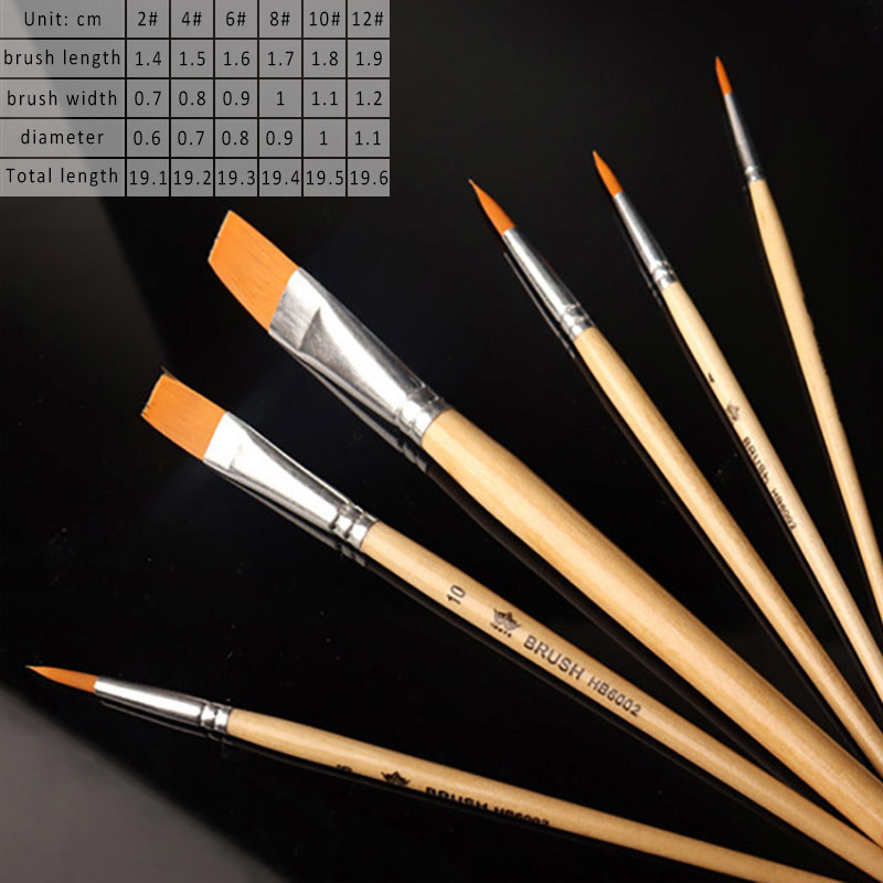 6Pcs/Set Watercolor Paint Pen Flat Peak Nylon Hair Oil Painting Brushes Drawing Art Supplies Multi Purpose Wooden Handle