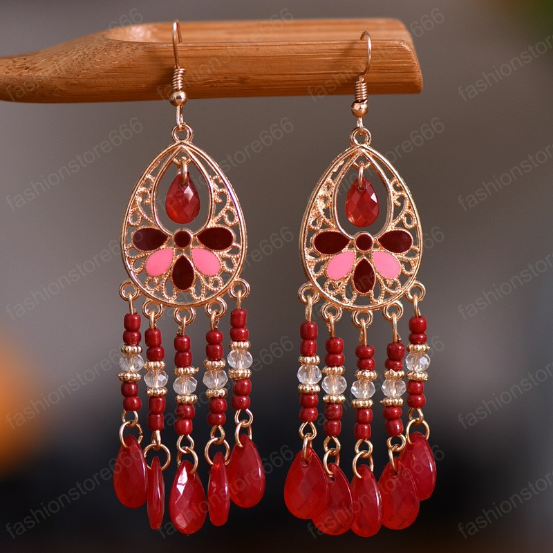 Fashion Bride Wedding Dangle Earrings Colrful Crystal Water Drop Tassel Earring for Women Vintage Flower Bohemian Earring Boho Jewelry