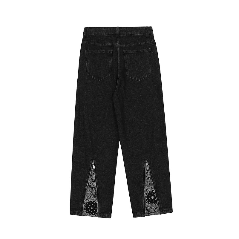 IEFB Streetwear Men's Black Jeans Cashew Flower Print Patchwork Zipper Bottoms Straight Wide Leg Pants Denim Trousers 210524