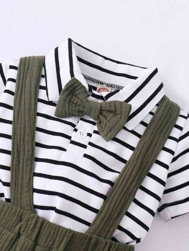 Baby Striped Bow Front Polo Shirt & Suspender Shorts SHE