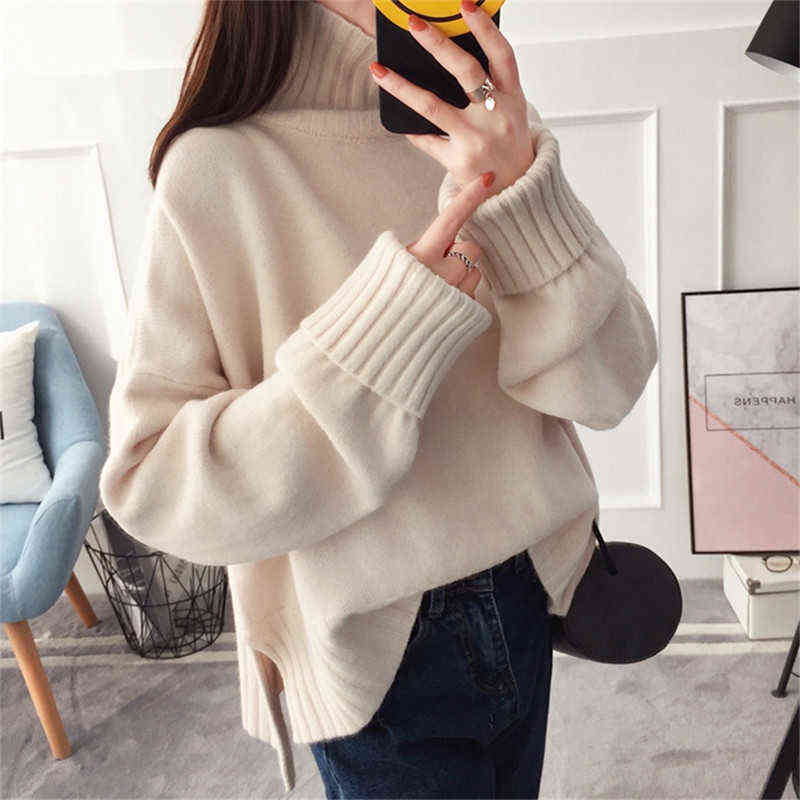Fashion Thick High Collar Red Pink Knitted Sweater Women Tops Autumn Winter Loose 3 Color Knit Turtleneck Pullover Ladies Jumper 211109