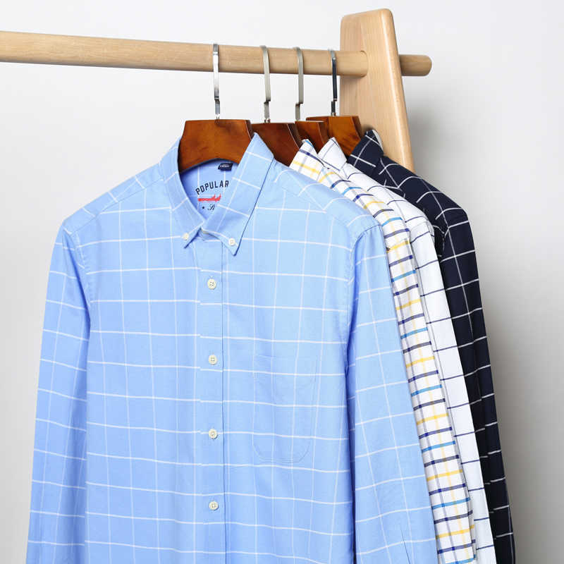 Checkered Men's Long Sleeved Plaid Shirts Casual 100% Cotton Business Mens Work Shirt Autumn Regular Fit Button Collar Man 210628