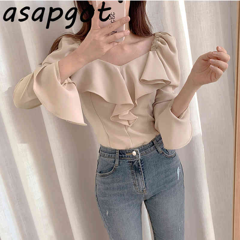 Temperament Shirts & Blouses Retro Slim V Neck Flare Sleeve Blouse Women Clothing Full Khaki Tops Elegant Chic Blusas De Mujer 210429