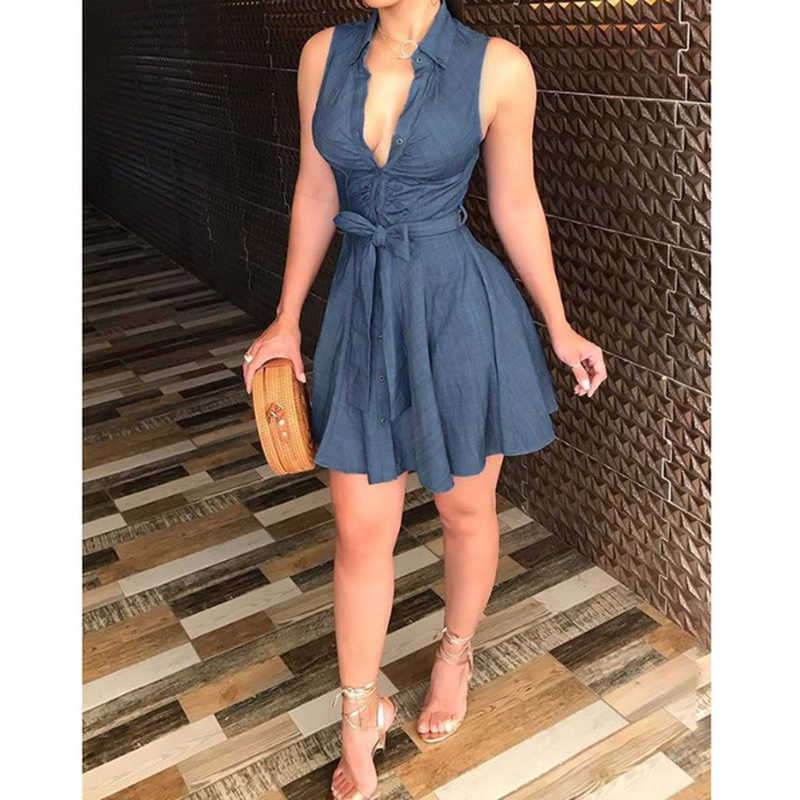 Dress Women Summer Sleeveless Shirt Dress Slim Fit Lace Up Short Dresses Casual Solid Color V-neck Oversized Female Blouse Dress 210630