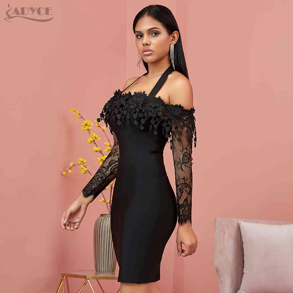 Winter Lace Off Shoulder Bandage Dress Women Sexy Long Sleeve Black Club Celebrity Evening Runway Party Dresses 210423