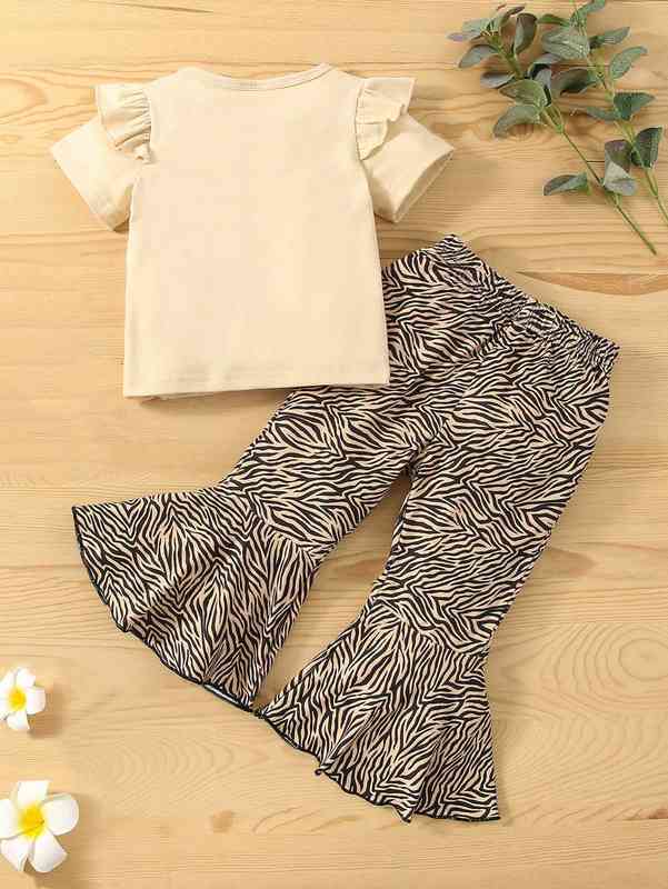 Baby Zebra Striped & Heart Print Ruffle Trim Tee & Flare Leg Pants SHE