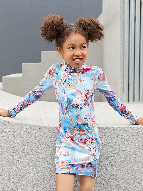 Girls 1pc Figure And Floral Print Lettuce Trim Dress SHE