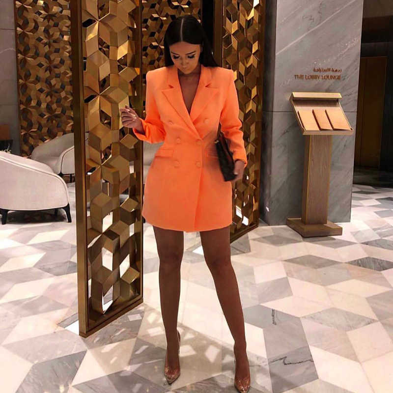 Neon Pocket Double Breasted Blazer Long Sleeve Slim Elegant Coat Jacket Women Spring Lengthen Windbreak Pure Orange Outfit 210930