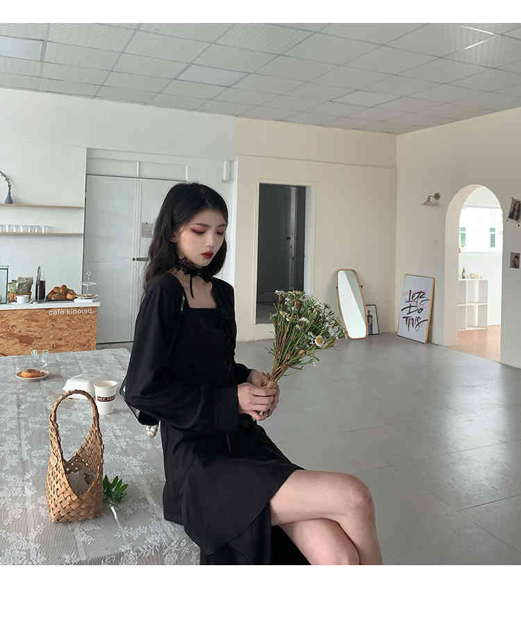 Gothic Dress Women Autumn Elegant Vintage Black Dress Fashion Lace-up Ruffles A-line long sleeve Party Dress Korea Clothing 210521