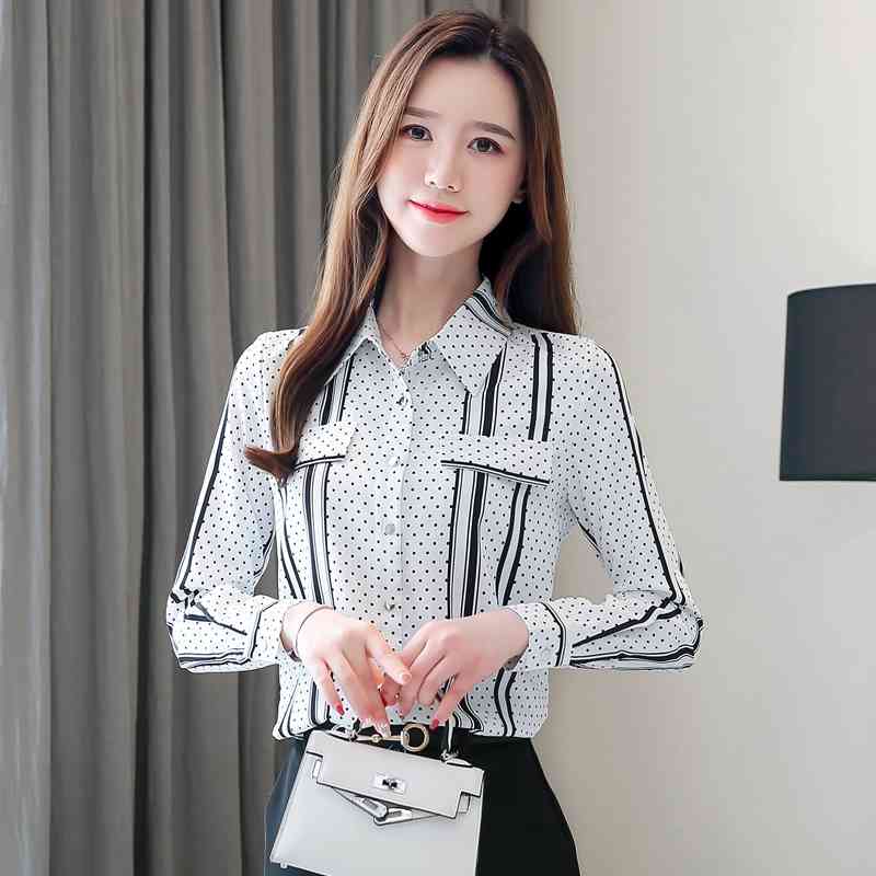 Fashion Black Plus Size Striped Women Blouse Shirt OL Long Sleeve Cardigan Polka Dot Blusas Mujer 6625 50 210506