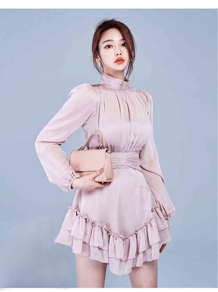 Korea Fashion Chiffon Stand Collar Women Elegant Party Dress Spring Office OL Long Sleeve Ruched Ruffles Mini Dress 210518