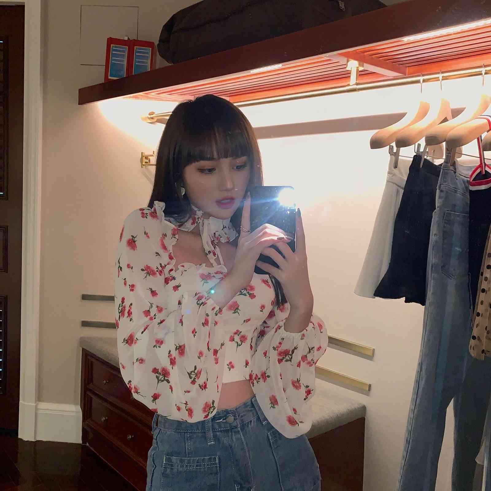 flower print sexy club floral short women tops blouse bodycon slim shirts choker ruffles lace up top blusas mujer de moda 210421