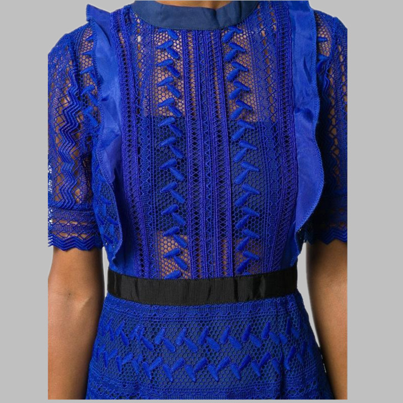 High Quality Self Portrait Blue Lace Dress women Round Neck Ruffled Patchwork Pleated Short sleeve Summer Long 210520