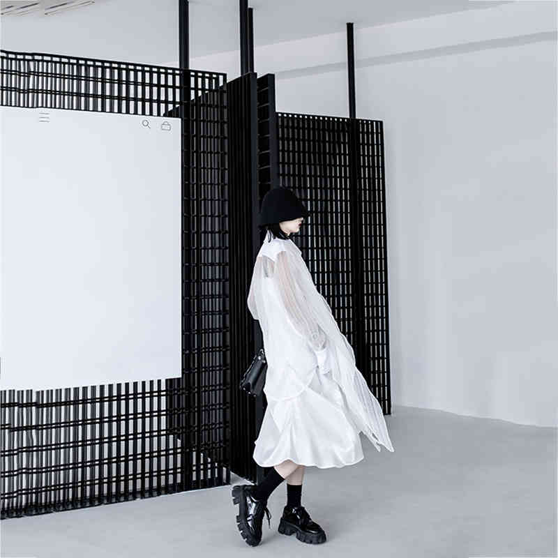 [EAM] Women Black Big Size Irregular Mesh Blouse Lapel Long Sleeve Loose Fit Shirt Fashion Spring Summer 1DD7554 210512