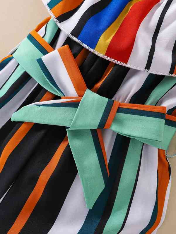 Baby Block Striped Ruffle Trim Belted Wide Leg Jumpsuit SHE