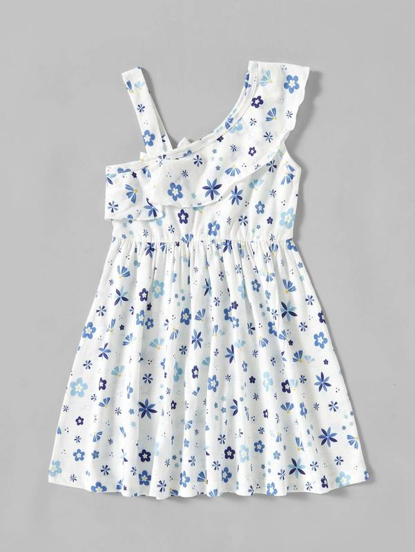 Toddler Girls Floral Print Ruffle Trim Bow Front Asymmetric Neck Dress SHE