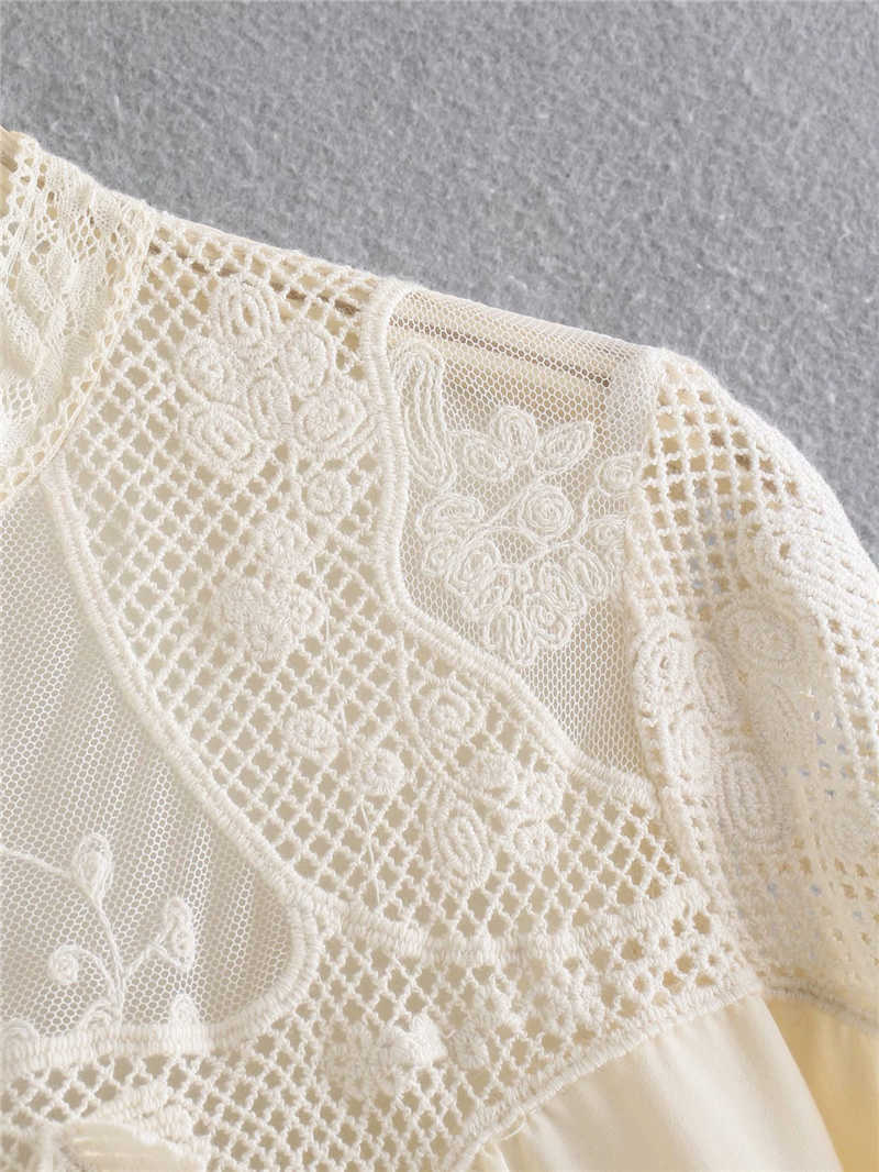 Elegant Women Beige Embroidery Shirts Fashion Ladies Mesh O-Neck tops Streetwear Female Chic Patchwork Blouses 210527