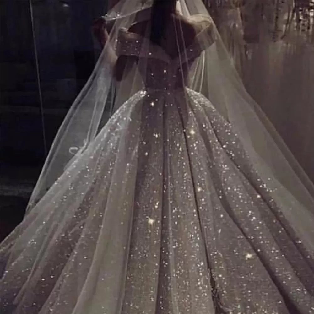 Sparkly Sequins Ballgown Wedding Dresses 2022 Bridal Gown Off the Shoulder Sweep Train Satin Tulle Plus Size Custom Made Vestido De Novia