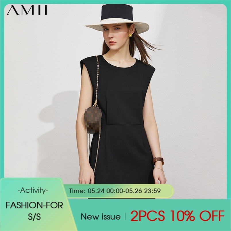 Minimalism Summer Dress For Women Offical Lady Solid Oneck Slim Fit Knee-length Causal Women's 12130201 210527