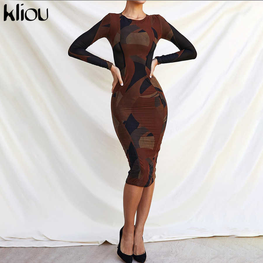 Kliou Patchwork Asthetic Print Maxi Dress Women Autumn O-Neck Wrist Sleeve Sheath Bodycon Vestido Female Body-shaping Streetwear 210630
