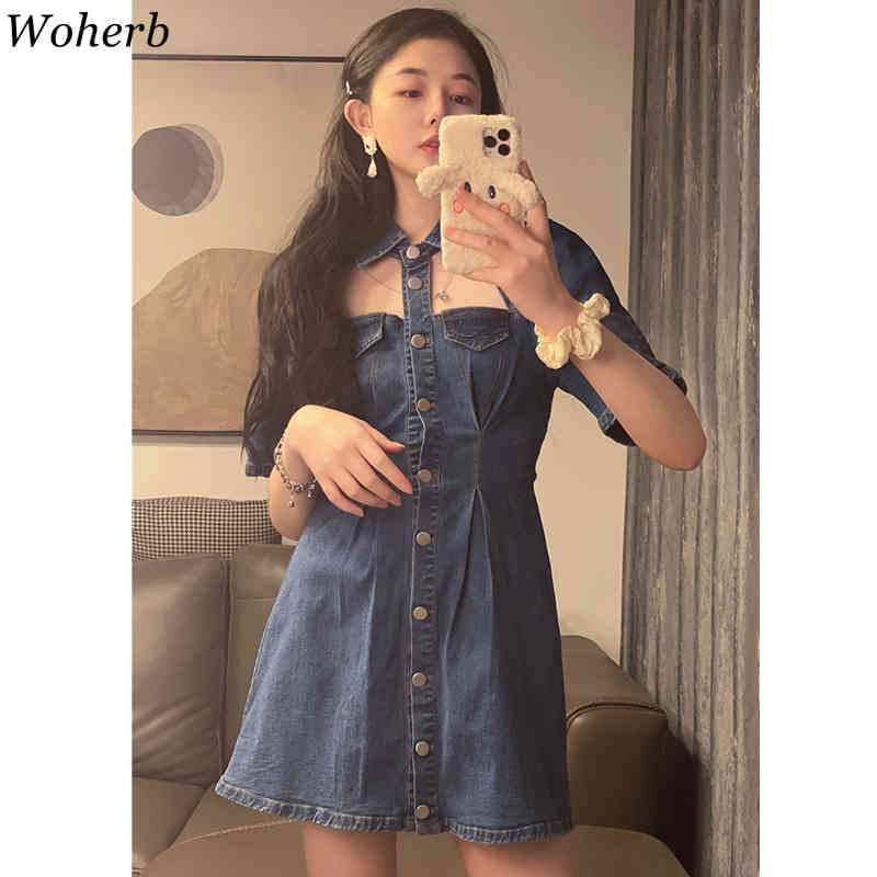 Chic Women Denim Dresses Hollow Out Turn Down Collar Blue Jean Dress Streetwear Mini Party Robe High Waist Slim Vestidos 210519