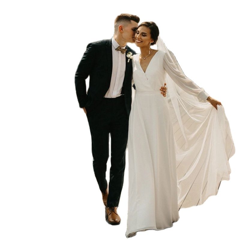 Bohemian A Line Chiffon Wedding Dresses With Long Sleeves Bridal Gowns White V-Neck Boho Beach Bride Reception Gown 2022 Simple Vestidos De Novia Summ