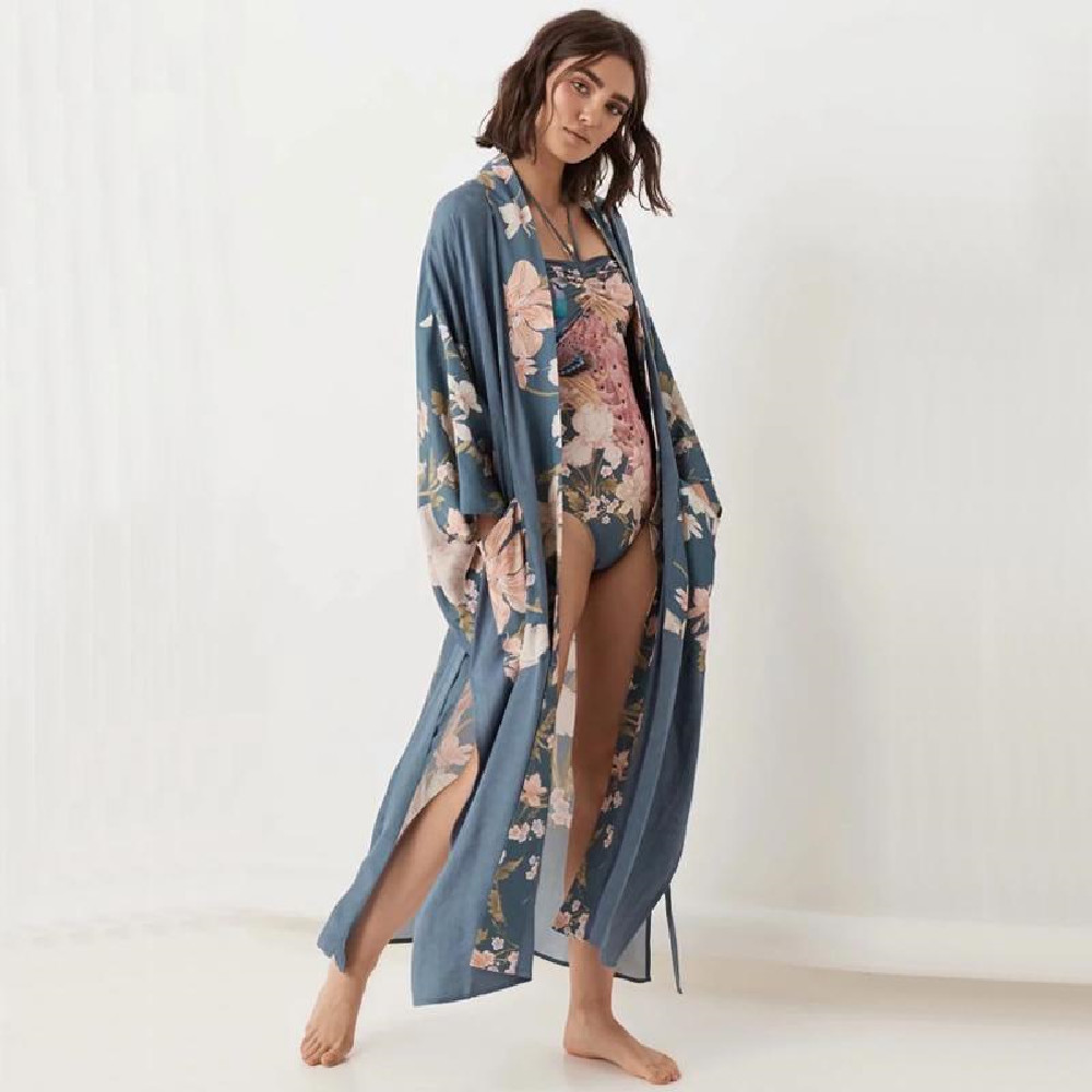 Kaftan Bohemian Printed Summer Dress Long Kimono Tunic Women Plus Size Beach Wear Swim Suit Cover Up Robe de plage A140 210420