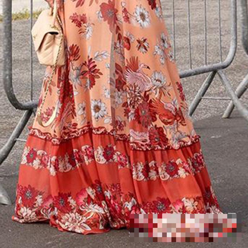 Women Dress Bohemia Maxi V Neck Lantern Sleeve Print es Hollow Out High Waist Sexy Thin Beach Summer 210513