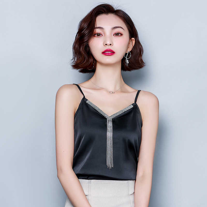 Korean Silk Women Tops Summer Woman Satin V-neck Camis Solid Tees Sleeveless Tassel Sexy Halter 210531