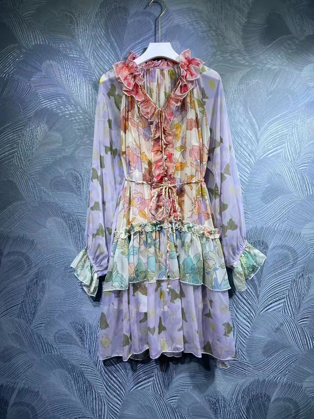 High-quality ruffle collar stitching print dress, As picture