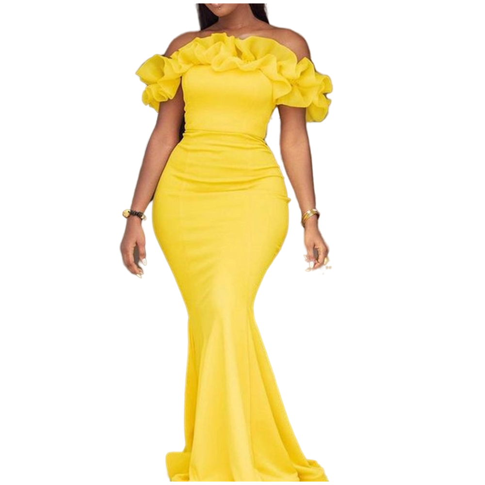 African Yellow Mermaid Prom Dresses For Women Ruffles Bateau Neck Satin Long Evening Gowns Simple Special Occasion Dress 2022