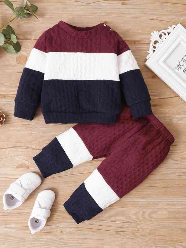 Baby Color Block Cable Textured Pullover & Sweatpants SHE