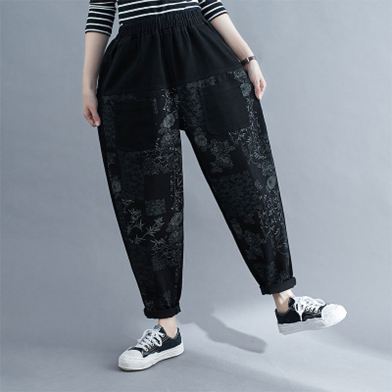 Autumn Arts Style Plus Size Women Jeans Elastic Waist Vintage Print Cotton Denim Harem Pants Femme Loose S47 210512