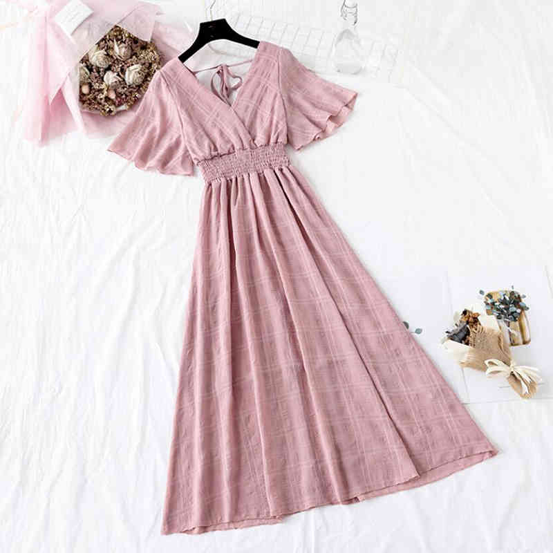 Women Chiffon Dress Summer Short Sleeve V-neck Plaid Mid-calf Dresses Elastic Waist Long Pleated Dress Party Dress 210521