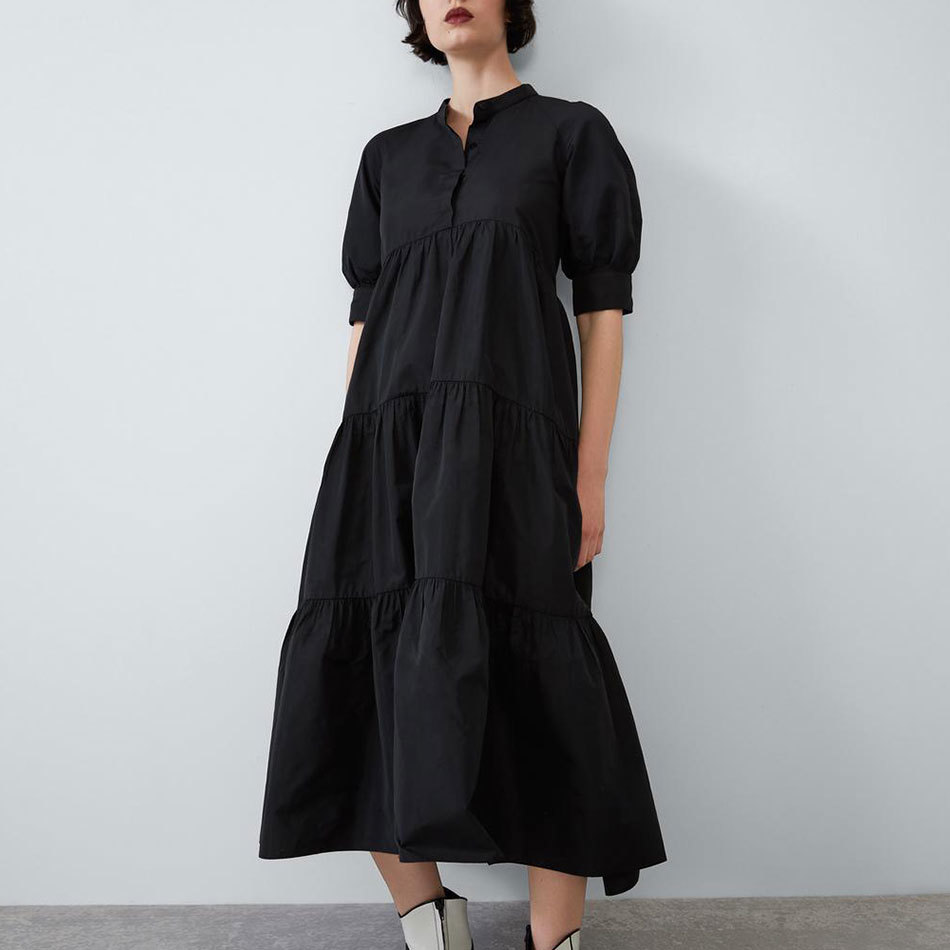 Fashion Women's Long Dress Blue O-neck Button Puff Sleeve Draped A-line Casual Holiday Party Vestidos 210524