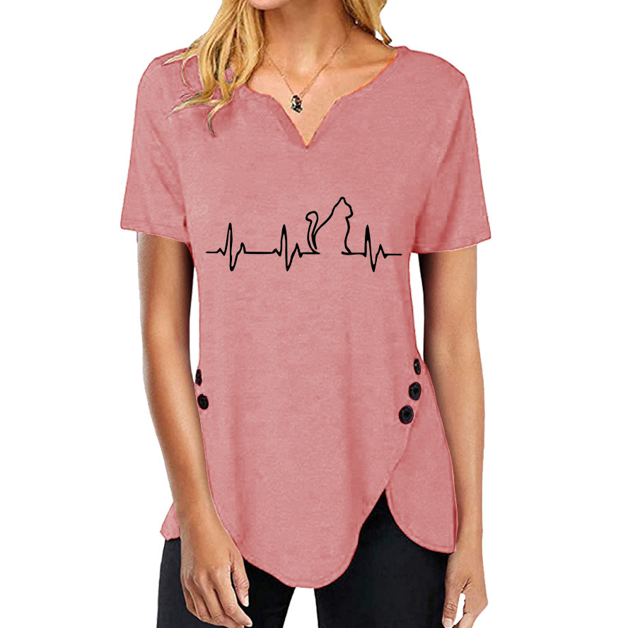 Women Casual Fashion T-shirt Sun Moon Print Loose V-neck Short Sleeve Button Irregular Tshirt Summer Tops Plus Size 5XL 210522