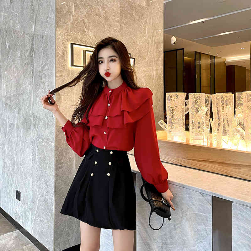 Spring Two piece set Women Red Ruffles Patchwork Long Sleeve Chiffon Shirt Top + Black A-line Mini Skirt Suits 210519