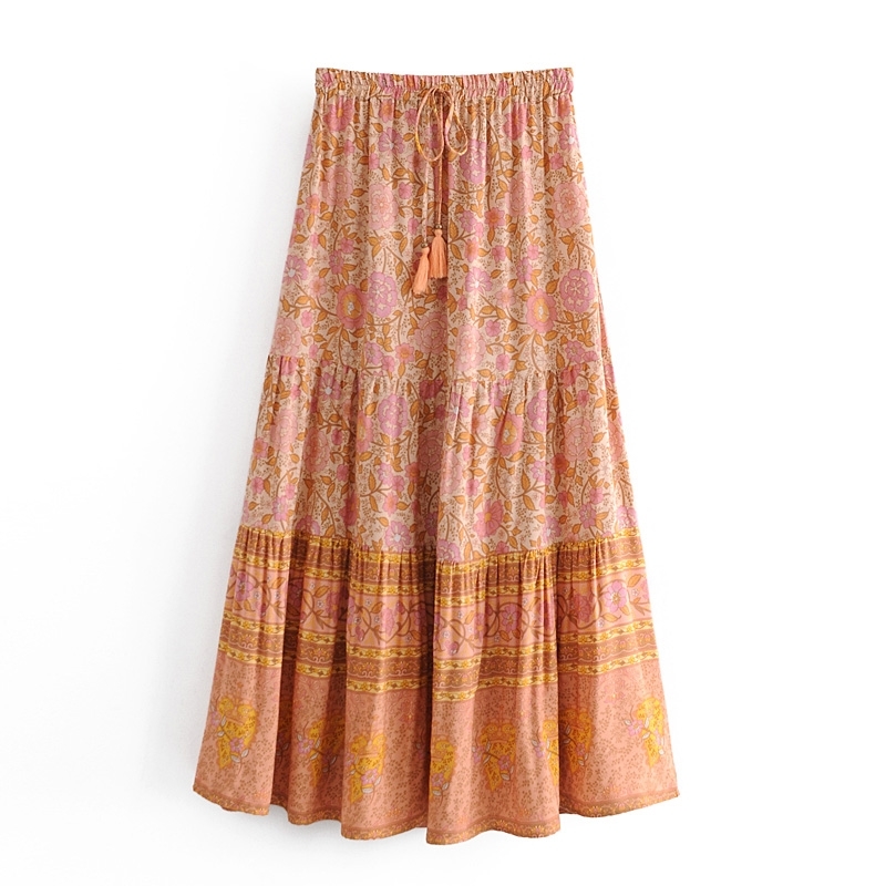 Bohemian Tassel Lacing up Collar Orange Floral Print Short Sleeve Shirt Ethnic Women Single-breasted Buttons Blouse Tops 210429